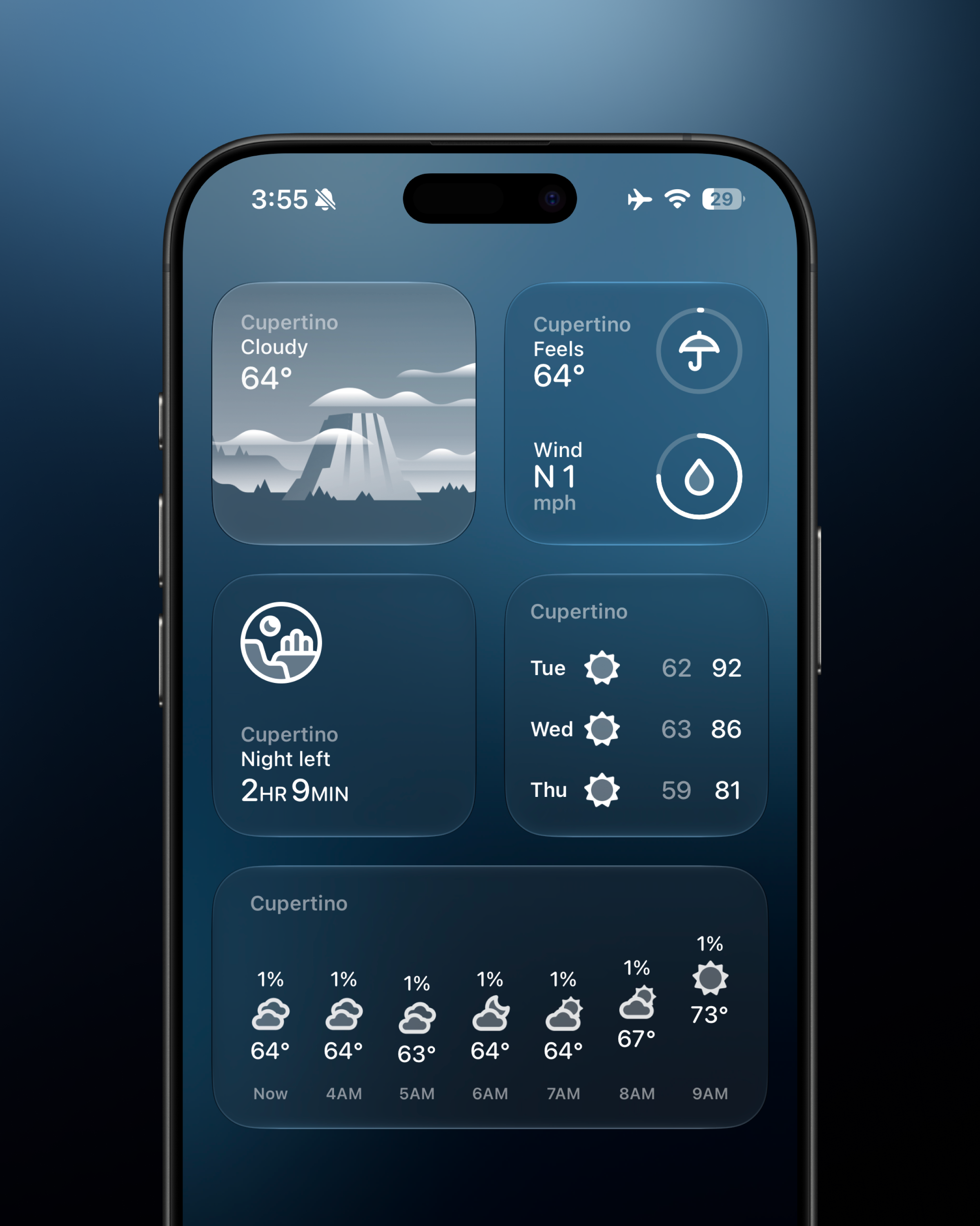 Weather mini widgets shown in Clear mode on iPhone