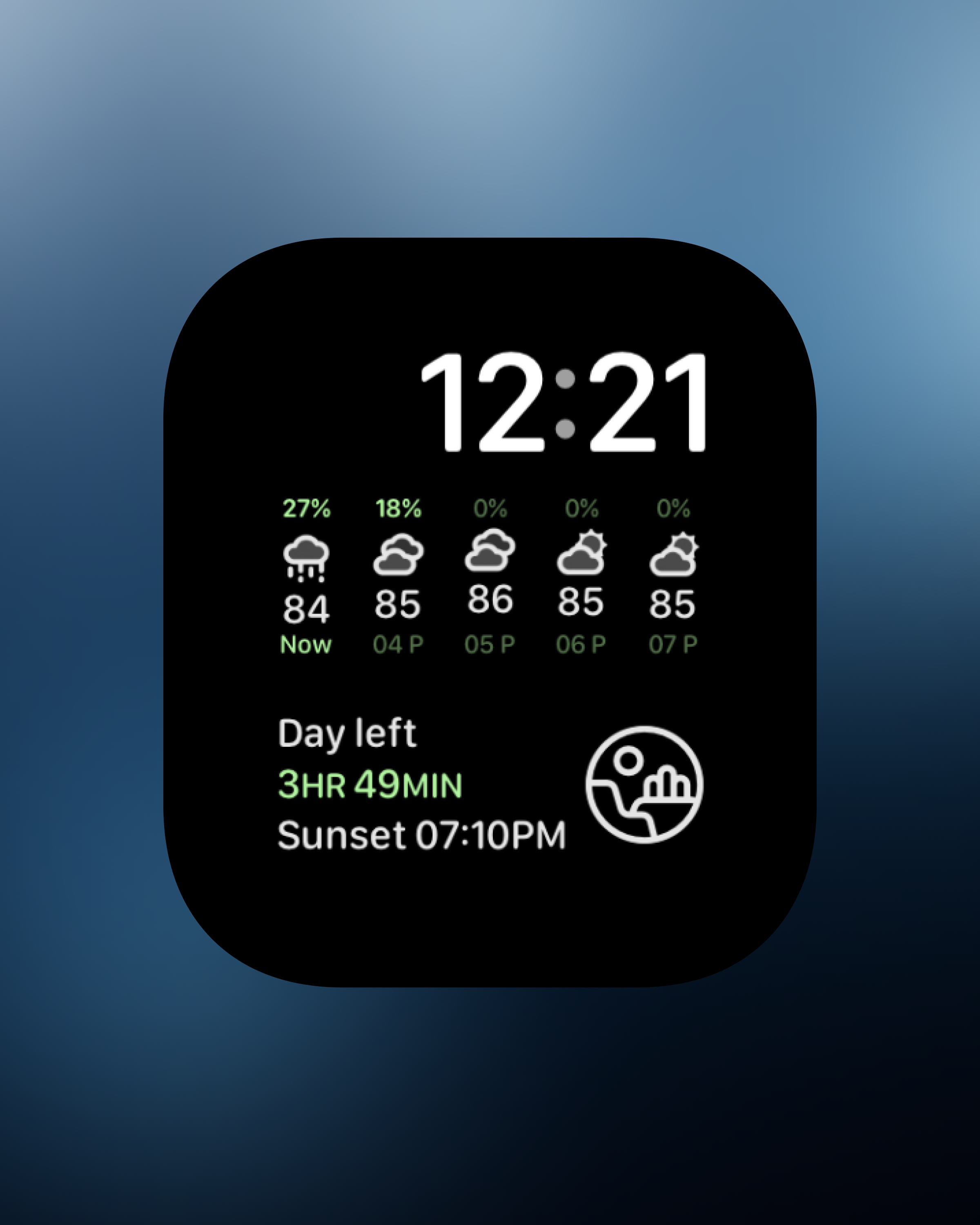 Weather mini hourly forecast complication shown in Tint mode on Apple Watch